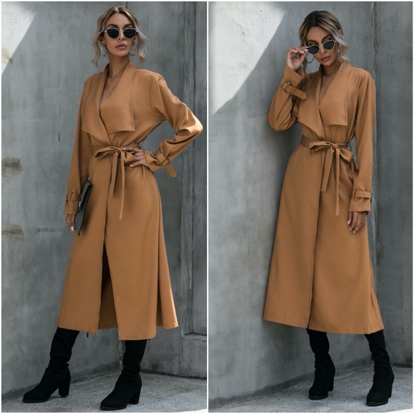 camel water fall long cuff buckle trench coat - Picture 3 of 3